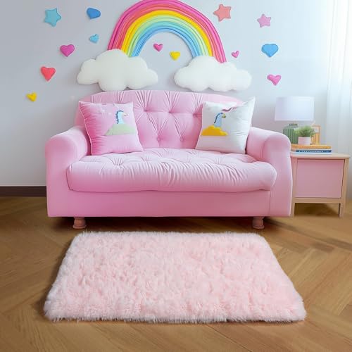 Amdrebio Pink 2x3 Small Area Rugs for Girls Bedroom, Mini Fluffy Shaggy Throw Rug for Kids Room Decor, Cute Shag Fuzzy Carpet for Living Room Door Entryway Baby Nursery Preppy Dorm Playroom, Washable