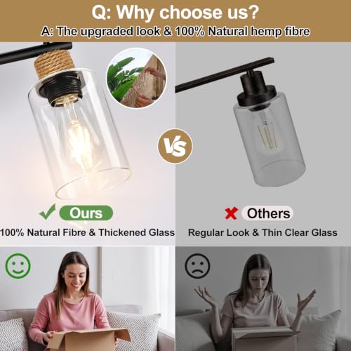 Image of MOKATNG Bathroom Light Fixtures, 4-Light Farmhouse Vanity Lights with Hemp Rope, Black Bathroom Wall Lamp for Mirror Kitchen Hallway Cabinet