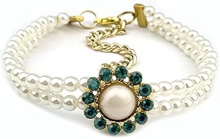 Handmade with Crystal Ball-Double Pearl Pet Collar, Adjustable Cat and Dog Necklace Jewelry, Pet Photography Accessories (Green, M)