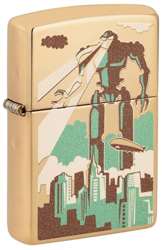 Original Zippo Lighter - Robots In The City, Polished Brass (Gold)