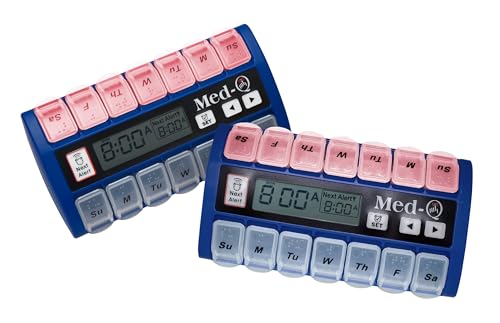 Med-Q Weekly Pill Organizer with Alarms | Automatic Electronic Pill Box with AM/PM Compartments, Flashing Light, Sound Alerts | Dual Color Combo 2 User | Medication Reminder for Seniors - Blue/White
