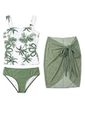 SHEKINI Mädchen 3 Stück Gedruckter Badeanzug hohe Taille Tankini Set mit Cover Up Sarong (12 Jahre, Olivengrün)