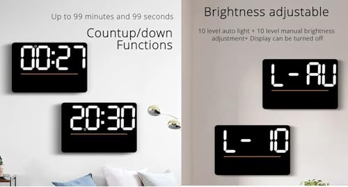 Image of Digital Wall Clock, Large Display, Dual Alarms, Automatic Brightness Dimmer- Track Time, Date, Day of Week and Temperature, with Remote Control (Square Orange)