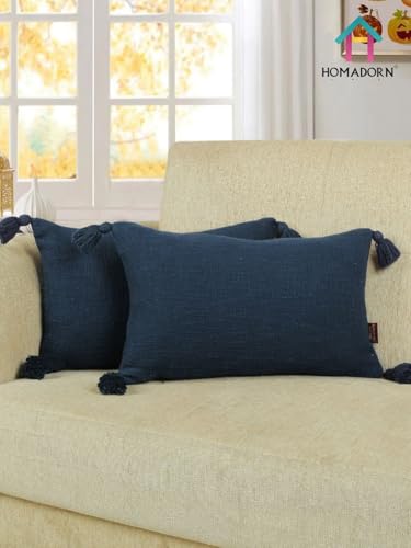 Image of HOMADORN Luxury Cotton Handmade Decorative Boho Throw Pillow Covers with Tassels for Sofa Couch Living Room Indoor Outdoor Chair Car Farmhouse (12X20 INCHES (Rectangle), Navy (Pack of 2))