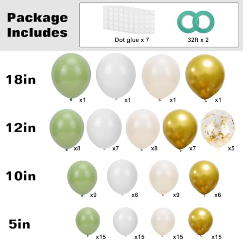 Image of RUBFAC Sage Green White Gold Balloon Garland Arch Kit 129pcs Different Sizes Pack of 18 12 10 5 Inch, Latex Sand White Cream Confetti Gold Balloon Garland Arch Kit for Birthday Engagement Wedding