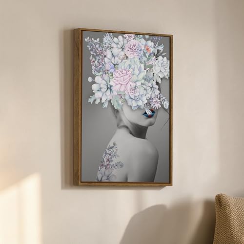Image of Modern Floral Abstract Portrait Framed Canvas Painting For Living Room | Surreal Flower Woman Wall Art For Livingroom Wall Decor, Home Decor, Bedroom, Hallway's, Office, Hotel - 43x58 cm