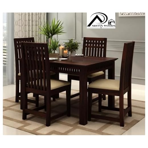 AADITYA WOODS Solid Sheesham Wood Four Seater Dining Table Set with 4 Chairs for Living Room Home Wooden 4 Seater Dining Table Set for Office Restaurant Modern Dining Room Set- Walnut & Beige