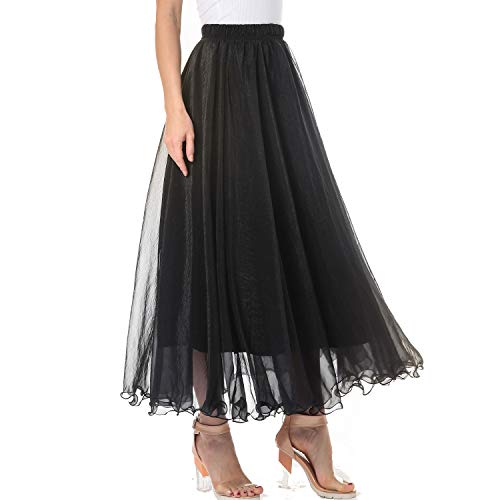Womens Full/Ankle Length Elastic Waist Pleated Beach Maxi Chiffon Summer Long Skirt Big Hem Double Layer2