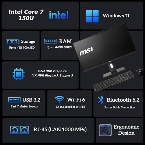 Image of msi Touch Screen All-in-One Business Desktop, 14th Gen Intel Core 7-150U, 23.8'' FHD Display with Dual External Monitor Support, Wireless KB&Mouse, Windows 11 (8GB RAM | 1.2TB Storage)