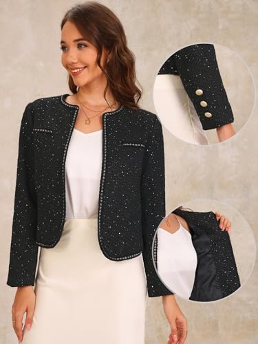 Allegra K Tweed Blazer Jacket for Women's Long Sleeve Casual Business Office Sequins Outwear2