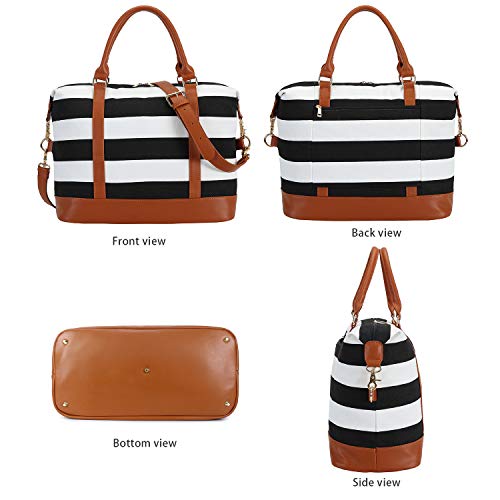 CAMTOP Women Ladies Weekender Travel Bag Canvas Overnight Carry-on Duffel Luggage Tote Bag (Big Stripe - Black)