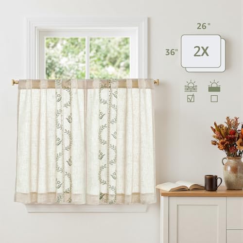 Image of jinchan Green Floral Linen Kitchen Tier Curtains 36 Inch, 2 Panels
