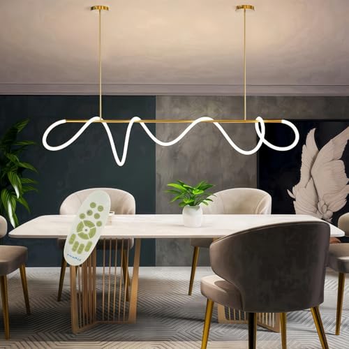 ASDMD 47" Pendant Lights Kitchen Island, 21W LED Dimmable Chandelier with Remote Control, Aluminum Linear Hanging Light Fixture for Dining Room Kitchen Island Bar (Gold, 47 in)