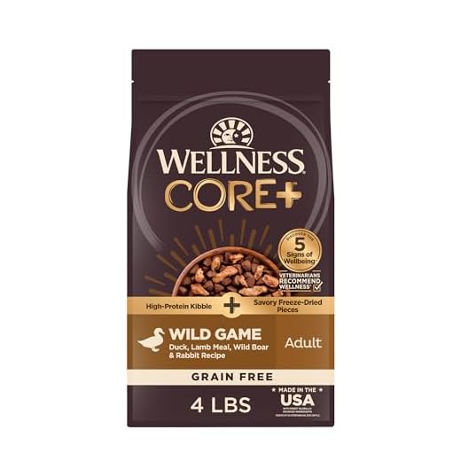 Wellness CORE+ Dry Dog Food with Freeze Dried Pieces, Grain Free, High Protein, Natural, Wild Game Duck, Lamb, Wild Boar, & Rabbit Recipe, (4-Pound Bag)