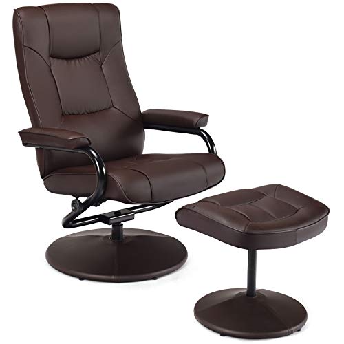 Swivel Recliner Chair, WaterJoy PU Leather Lounge Armchair Recliner, 360 Degree Swivel Overstuffed Padded Seat Chair with Footrest Stool Ottoman Set for Office Living Room Brown