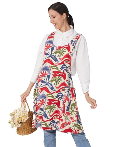Image of Cozy Adjustable Cross Back Aprons for Women with Pockets Cotton Linen Cooking Kitchen Baking