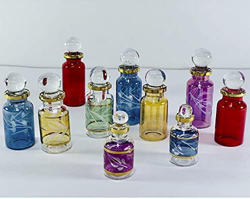 Egyptian Perfume Bottles, Glass blown Genie bottles potions Perfume Bottles Wholesale Set of 10 Miniature bottles Size from 1.5” to 3.25 inches with handmade Gold engraved decorative vials. Assorted colors for essential& perfume oils by Egyptian Hand Blown Glass