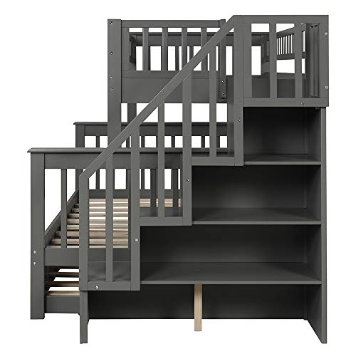 Twin Over Full Bunk Beds with Trundle, Rockjame Wood Space Saving Design Stairway Bunk Bed Frame with Storage, Convertible to 2 Separated Beds, Great for Kids and Teenagers (Gray) - Thumbnail 7