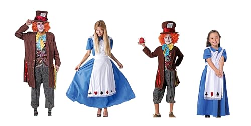 Disfraz de Alicia y Sombrerero Vestido Azul con Delantal y Traje Marrón con Sombrero. Para asultos y niños, varias tallas. (Hombre talla única M/L)