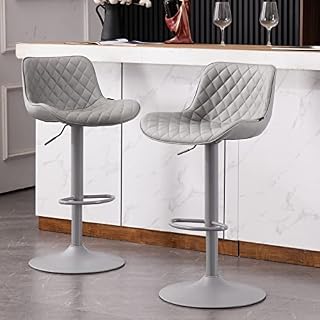 YOUTASTE Bar Stools set of 2 Grey Adjustable Breakfast Barstools with Back Modern PU Leather Padded Bar Chairs Swivel Metal Bar Stools for Kitchen Counter Island