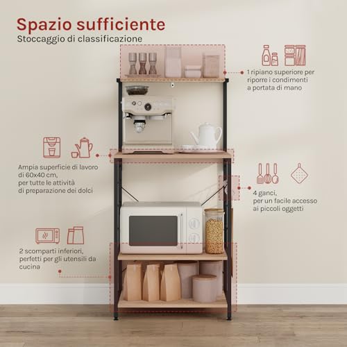 WOLTU Scaffale per Cucina in Acciaio Legno 4 Ripiani Carrello per Microonde Scaffalature Organizzatore 60x40x123 cm - immagine 5