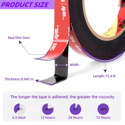 Gasenvan Double Sided Tape Heavy Duty, Mounting Adhesive Tape 1/4 in x 15.4 ft, Waterproof Adhesive Strip Tape for Indoor & Outdoor, Automotive Trim, Garage,LED Strip Lights, Home Decor