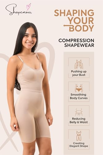 Image of SHAPEMOUR Mid Thigh Bodysuit Bodyshaper, Sculpting Design Shapewear for Women, Body Shaper with Silicone Grip, No Steel Bones for All Day Comfort, Smooth and Seamless Fit