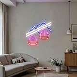 Ski-Lift Neon-Schild LED-Neonlicht in Form einer Bergbahn für Wanddekoration Dimmbar, USB-betrieben Neon-Schild für Spielzimmer,Skihütte Partys Geschenk für Skiliebhaber (Blau + Weiß + Pink + Rot)