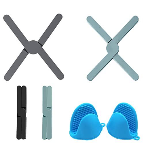 Silikon Topfuntersetzer Hitzebeständig, KECRULV 4 Stücke Topf Untersetzer Aufklappbar und 2 Stücke Ofenhandschuhe, für Heiße Töpfe Halter, Pfannen,Topf Inhaber Tischset, Heiße Pfannen, Schalen Cover