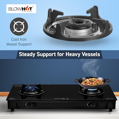 Image of BLOWHOT 2 Burner Auto Ignition PREMIUM Gas Stove | Coated Forged Indian Burners | Stainless Steel Dip Tray - 2 Year General Warranty - (5 Years On Burners Gas Valve and Glass) - Topaz