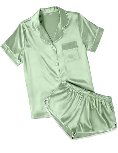 Ekouaer Womens Silk Satin Pajamas Short Sleeve Sleepwear Soft Button Down Loungewear 2 Piece PJS Shorts Set Ice Green Small