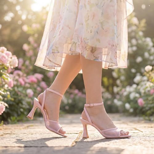 Image of Susanny High Heels for Women Pointed Open Toe Strappy Chunky Block Heels Ankle Strap Stiletto Kitten Heeled Sandals Wedding Bridal Party Prom Sexy Dress Shoes