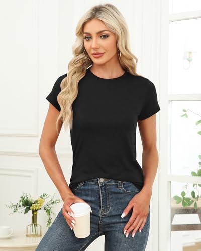 Memorose Womens Short Sleeve Tops Summer T Shirts Round Neck Fashion Causal Basic Tee Black M thumb #1
