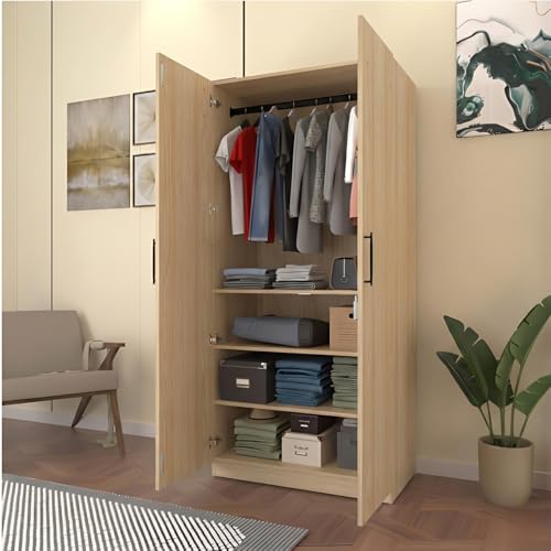 Image of Amazon Brand - Solimo Kiano 2 Door Wardrobe | Cupboard | Almirah with 4 Shelves & Hanging Rod | 90L x 45W x 180H CM | Wood Oak Light | DIY