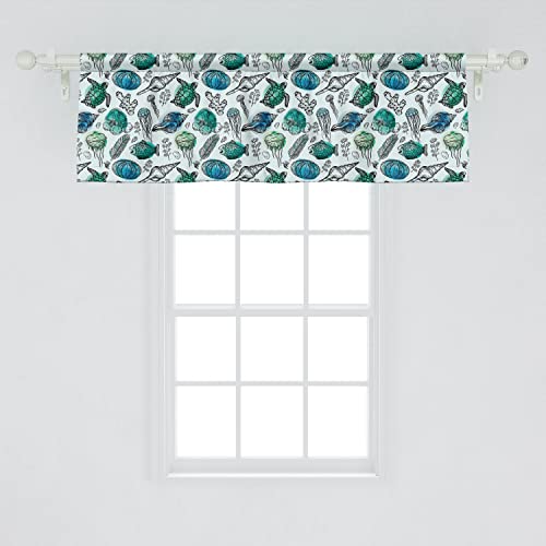 Lunarable Sea Turtle Window Valance Pack of 2, Nautical Pattern of Continuous Shells Corals Jellyfish, Rod Pocket Curtain Valances for Kitchen Bedroom, 54" X 18", Blue Black