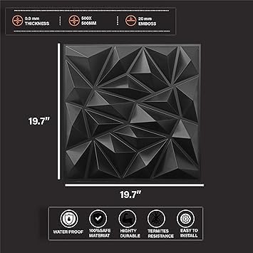 Image of 3D Wall Panels Black Colour I Diamond Stone Design I Embossed and Paintable I Panel Size 20 inch X 20 inch I Pack of 12 Panels I Wall Covering Area 33.06 Sq.Ft. (PVC)