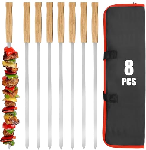 Wzzy Gurden 8 Stück Grillspieße Wiederverwendbar 40 cm Flache Schaschlikspieße Edelstahl Adana Kebab Spieße mit Holzgriff Kebab Spieße für Fleisch Gemüse Fleischspieße Grillzubehö Schläuche
