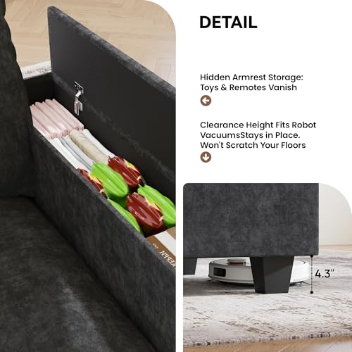 Image of 97 inch L Shaped Sectional Couch, Comfy Chenille Cloud Couch, 5 Seat Modular Cloud Sofa with 2 Pillows & Storage Armrests, Convertible V Shaped Corner Couch, Sectional Couches for Living Room, Black