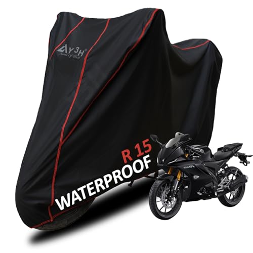Image of Bike Body Cover R15 Full Body Cover with Waterproof, Dust Proof, UV Rays Protective, Tripple Stitching & Lightweight Two Wheeler Covers - Black with Waterproof Red Piping