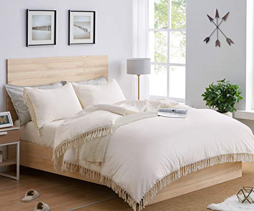 Image of Bohemian Boho Chic Ivory Macrame Tassel 3 pc. Full /Queen Size Bed Bedding Duvet Comforter Cover and Sham Set Solid Cream Off White Cotton Fringe Textured Tufted Luxury Minimalist Farmhouse Indie