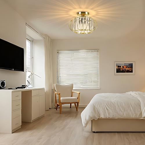 Image of Gold Crystal Ceiling Light Fixture - Small Crystal Chandelier Semi Flush Mount Ceiling Light Modern Hallway Lights fixtures for Entryway Bedroom Porch Kitchen (11 Inch, Bulb not Included)
