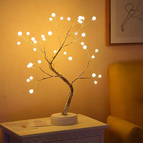 Image of Redlution Tree Branch Lights,Warm White 36 LED Pearls Decorative Desk Table Lamp Battery Operated or USB Supply Copper Wire Tree Bedside Lamp with Touch Switch for Home Room Decor