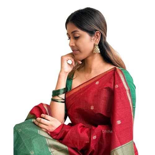 Image of Original Maheswari Cotton Silk Saree for Women | Kanjivaram Pure Silk Cotton Sari with Blouse | Zari Work | Tassels | Handloom Weave