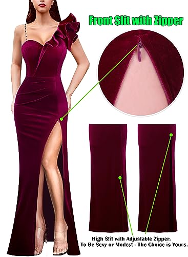 Image of VFSHOW Womens Ruffle One Shoulder Strap Ruched Formal Prom Wedding Maxi Dress V Neck Elegant Split Cocktail Evening Long Gown