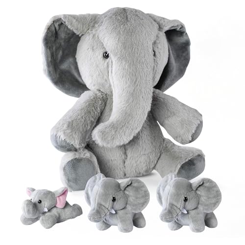 Image of PREXTEX Plush Elephant Toys - Stuffed Animal with 3 Baby Elephant Figures - Zipper, Toys for Kids 3+