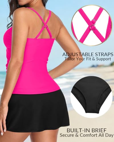 Image of Talisea Womens Tankini Bathing Suits with Skirt Two Piece Tummy Control Swimsuits Ladies Swimwear Hot Pink Black 18 Plus