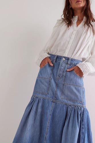 yoeasy Women's Casual Vintage High Waist Denim Maxi Skirts Button Pleated Flowy Swing A Line Long Jean Skirts4