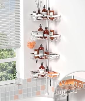 Foto di ZUNTO Regolabile 63,5 a 290cm Telescopico Mensola Doccia Angolare, Mensola Doccia Senza Foratura con 4 Ripiani, Porta Bagnoschiuma da Doccia