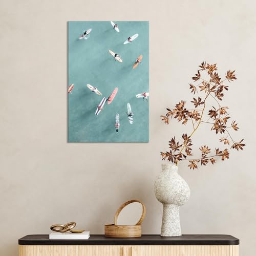 Abstract Ocean Painting - Denim-Clad Surfers Floating On Translucent Waves, Modern Serene Sea Canvas Wall Art For Coastal Living Room Decor Modern Beach House 24x36in Wframed - Image 7