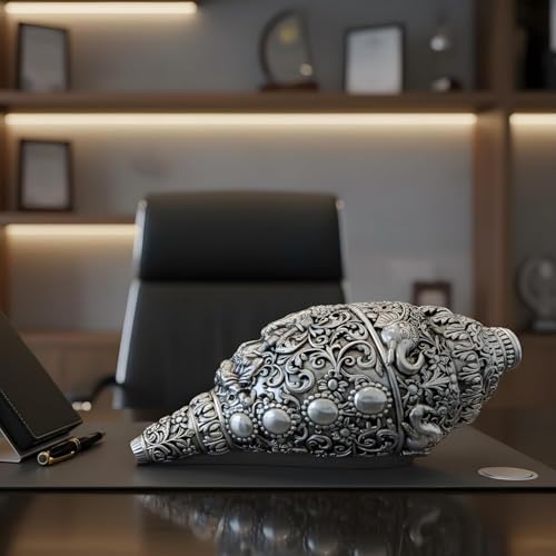 Image of Silver Plated Ganesh Shankh Idol 5.2 Inch | Lord Ganesha Conch Showpiece for Pooja Room, Home Decor & Office Desk | Vastu Gift Item for Housewarming